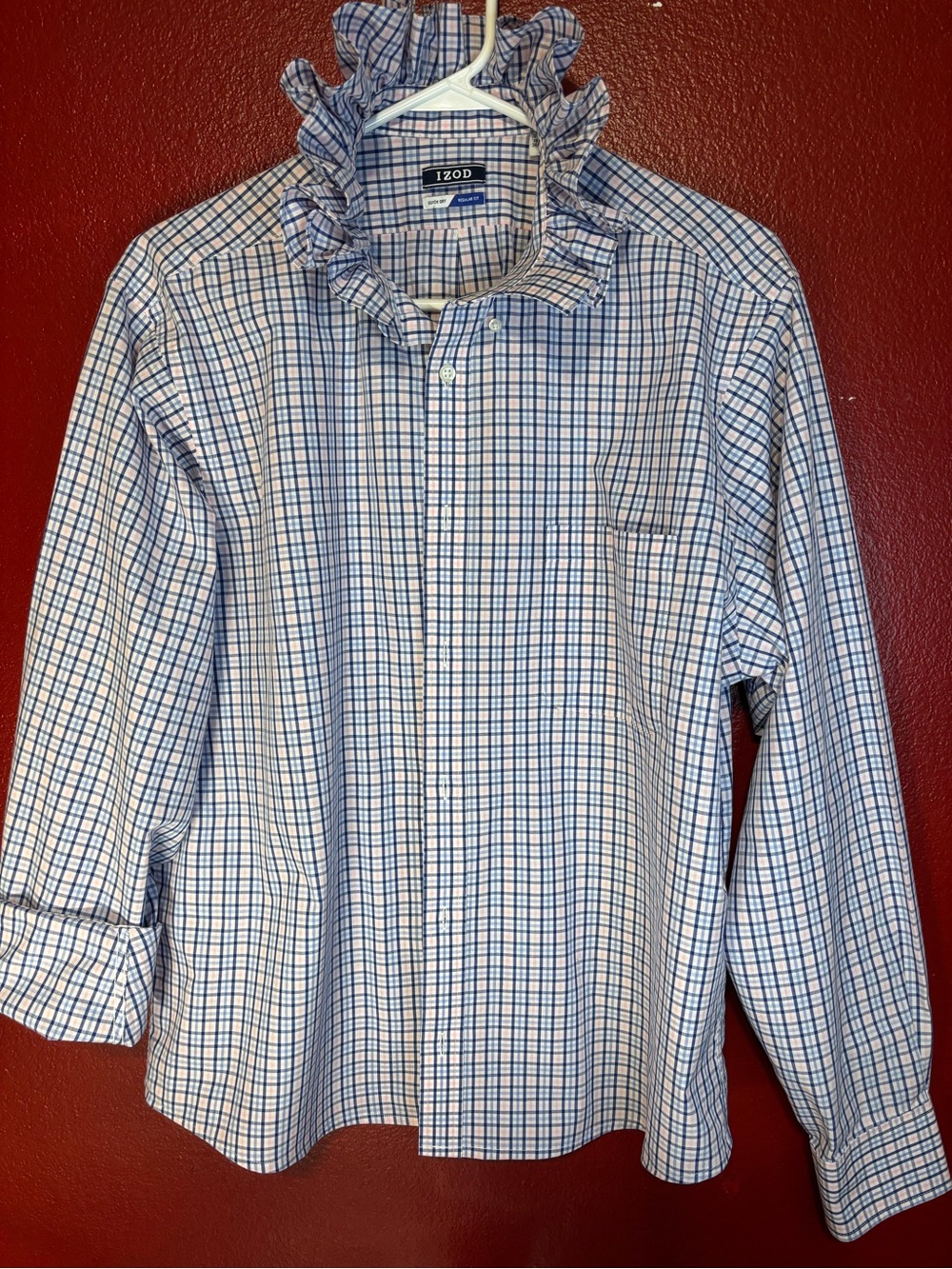 Upcycled/Reloved IZOD Blue and Pink Plaid Shirt W/Ruffled Collar